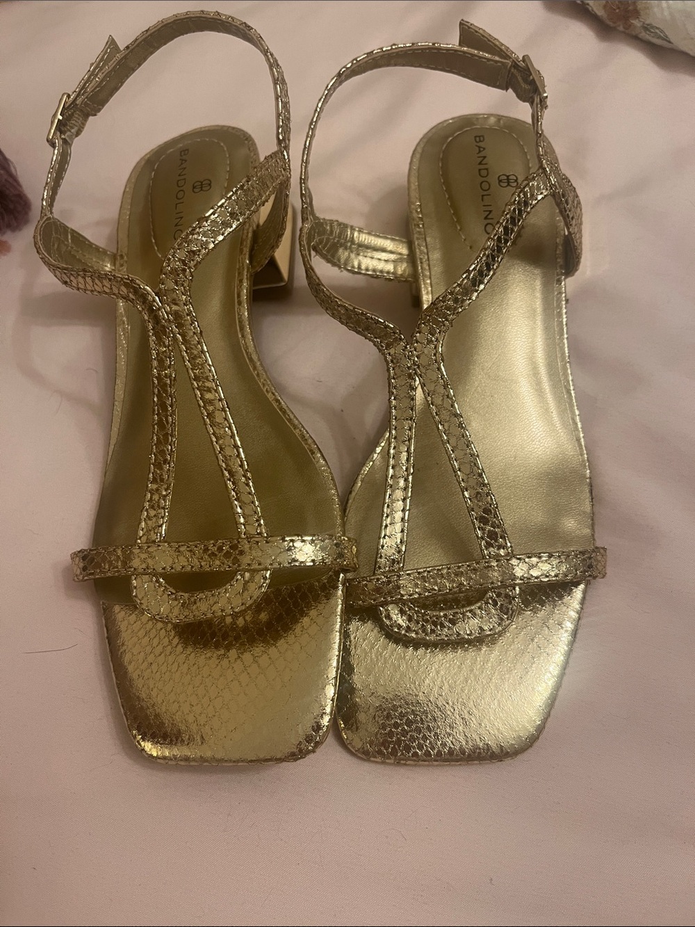 Bandolino Metallic Gold T-Strap Low Block Heel Sandals